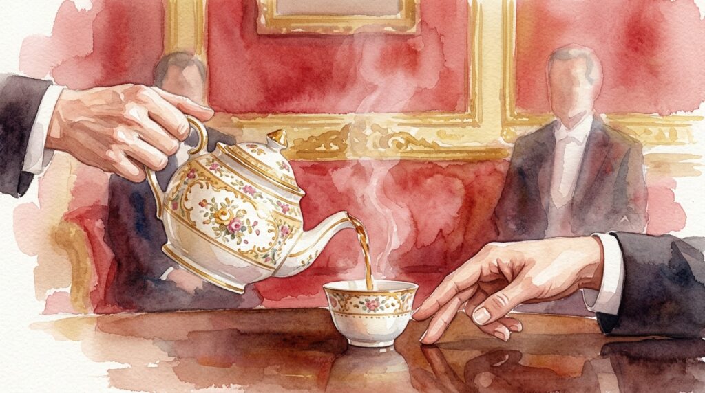 Elegant tea service: hands pouring tea from a floral teapot into a delicate cup in a formal setting.