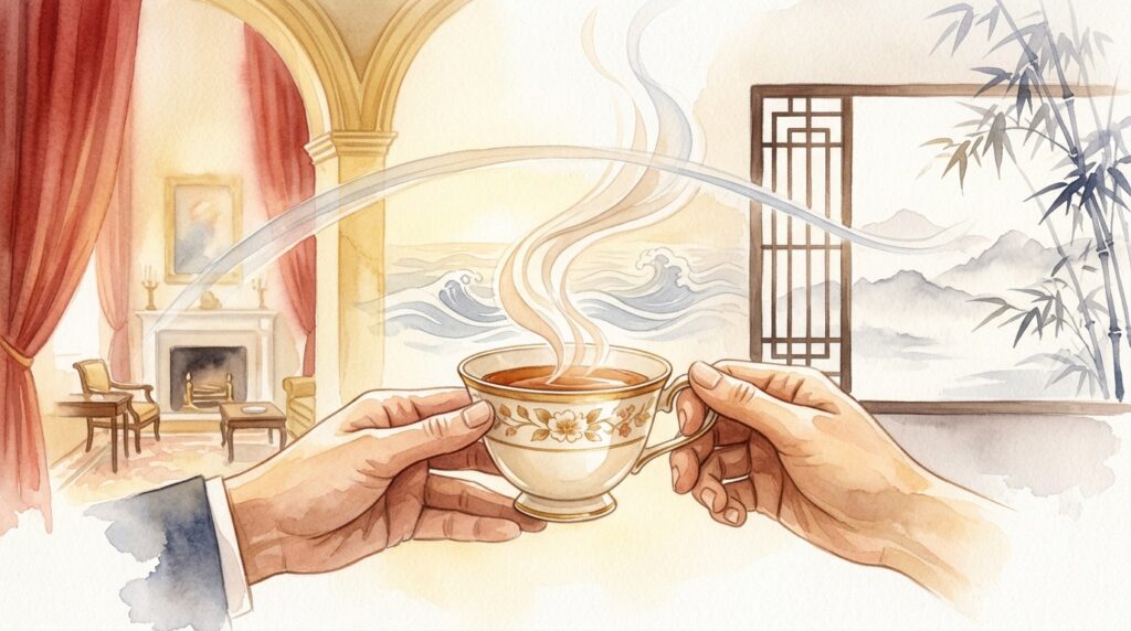 Hands holding steaming tea cup with a view of a fireplace and bamboo window