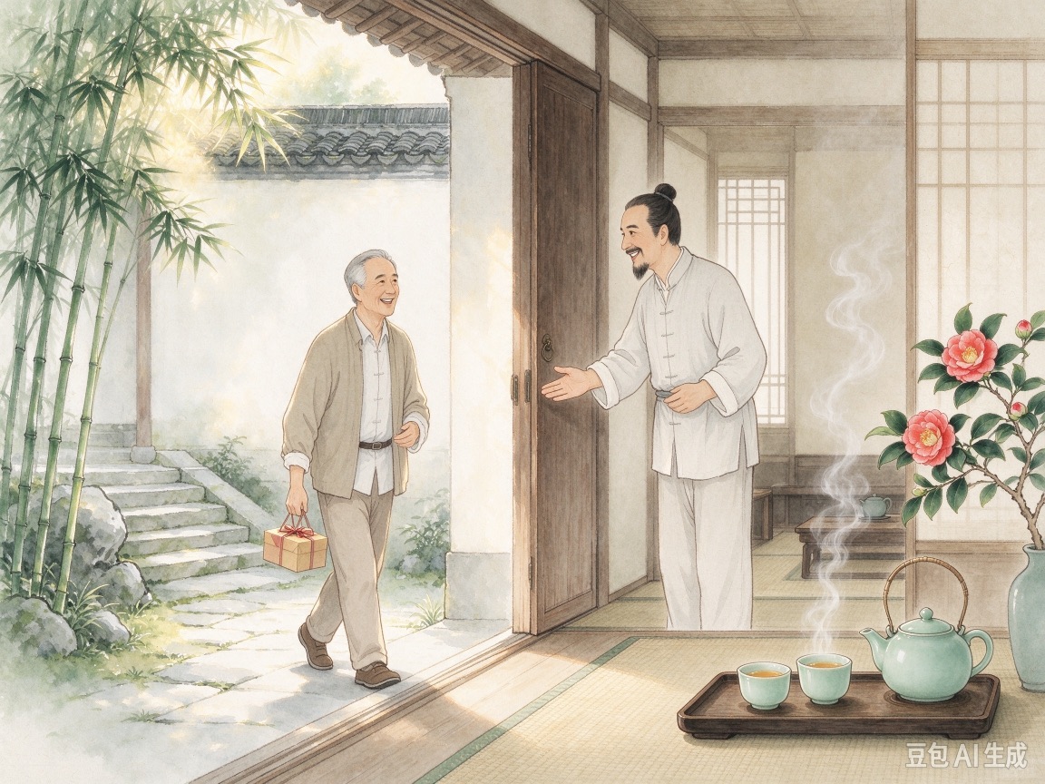 Two men greeting at a doorway, tea set and camellias on table