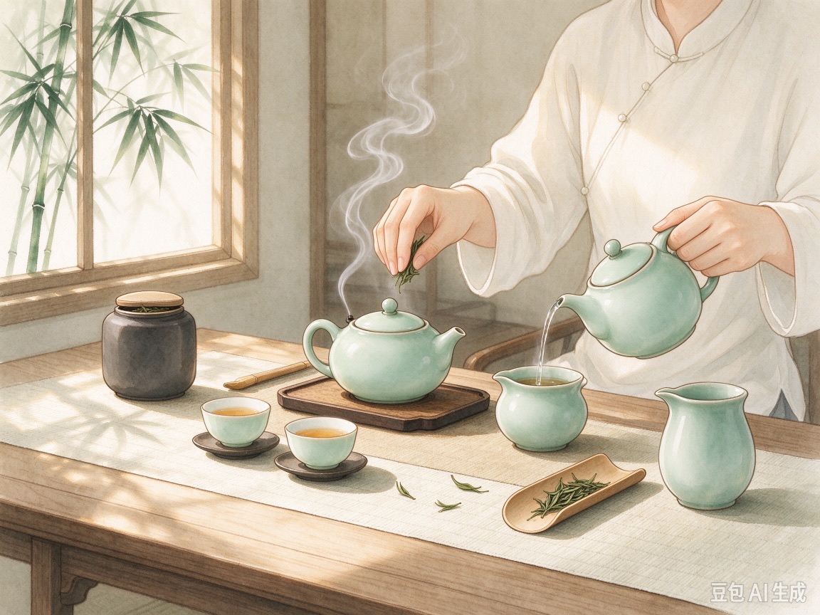 Traditional Chinese tea ceremony: pouring tea from a pale green teapot into cups.