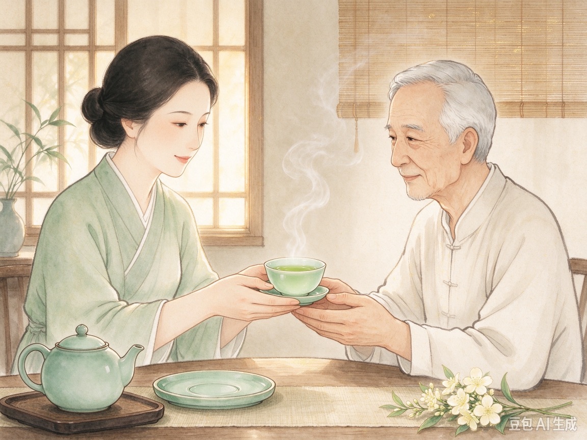 Young woman offers a cup of steaming tea to an elder man, a gesture of hospitality.