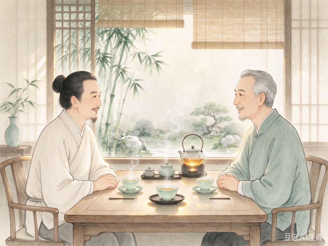 Two men sharing tea in a serene room with a bamboo garden view